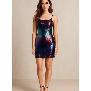 Laundry by Shelli Segal Purple Blue Sequin Sheath Mini Strap Dress Size 2 NWT